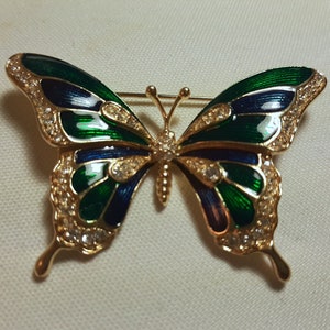 Vintage Butterfly Brooch with Blue and Green Enamel and Rhinestones