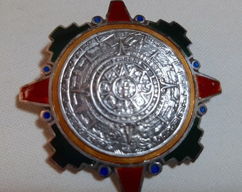 Vintage Sterling and Enamel Aztec Calendar Brooch / Pendant, Signed Cartecam