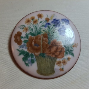 Vintage Enamel on Copper Brooch with Floral Motif