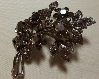 Vintage Rhinestone Floral Bouquet Brooch/Pendant with Grey Rhinestones, Silver Tone Metal