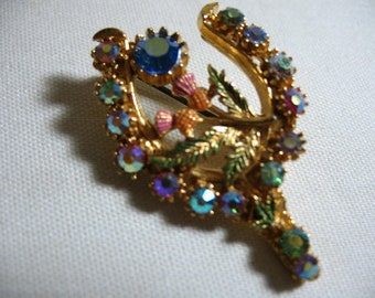 Vintage Wishbone Brooch with Enamel and Rhinestones