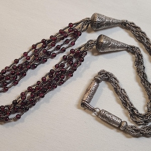 Vintage Multi-Strand Necklace with Red Glass Beads and Hand-Hammered Metal Beads