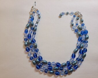 Vintage 3-Strand Blue Glass Beaded Necklace for Re-Stringing