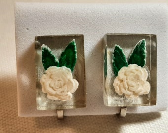 Vintage Tiny Reverse-Carved Screw-Back Earrings with White Rose Motif