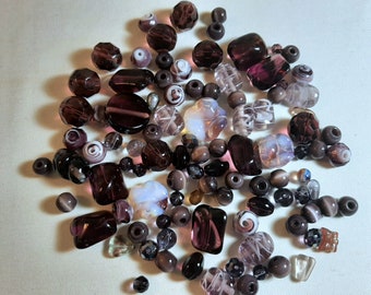 Vintage and New Purple Glass Bead Lot, 100 Beads