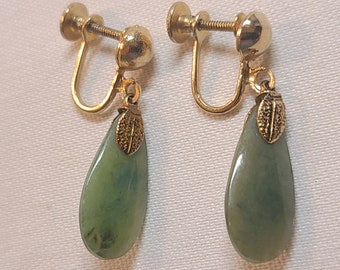 Vintage Gold Tone Screw-Back Earrings with Jade Drop