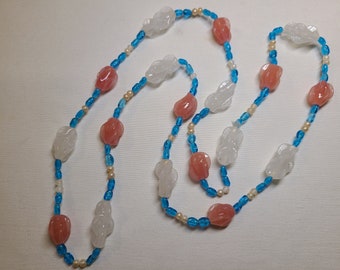 Vintage Glass Beaded Necklace Pink, White and Blue, Unusual Beads