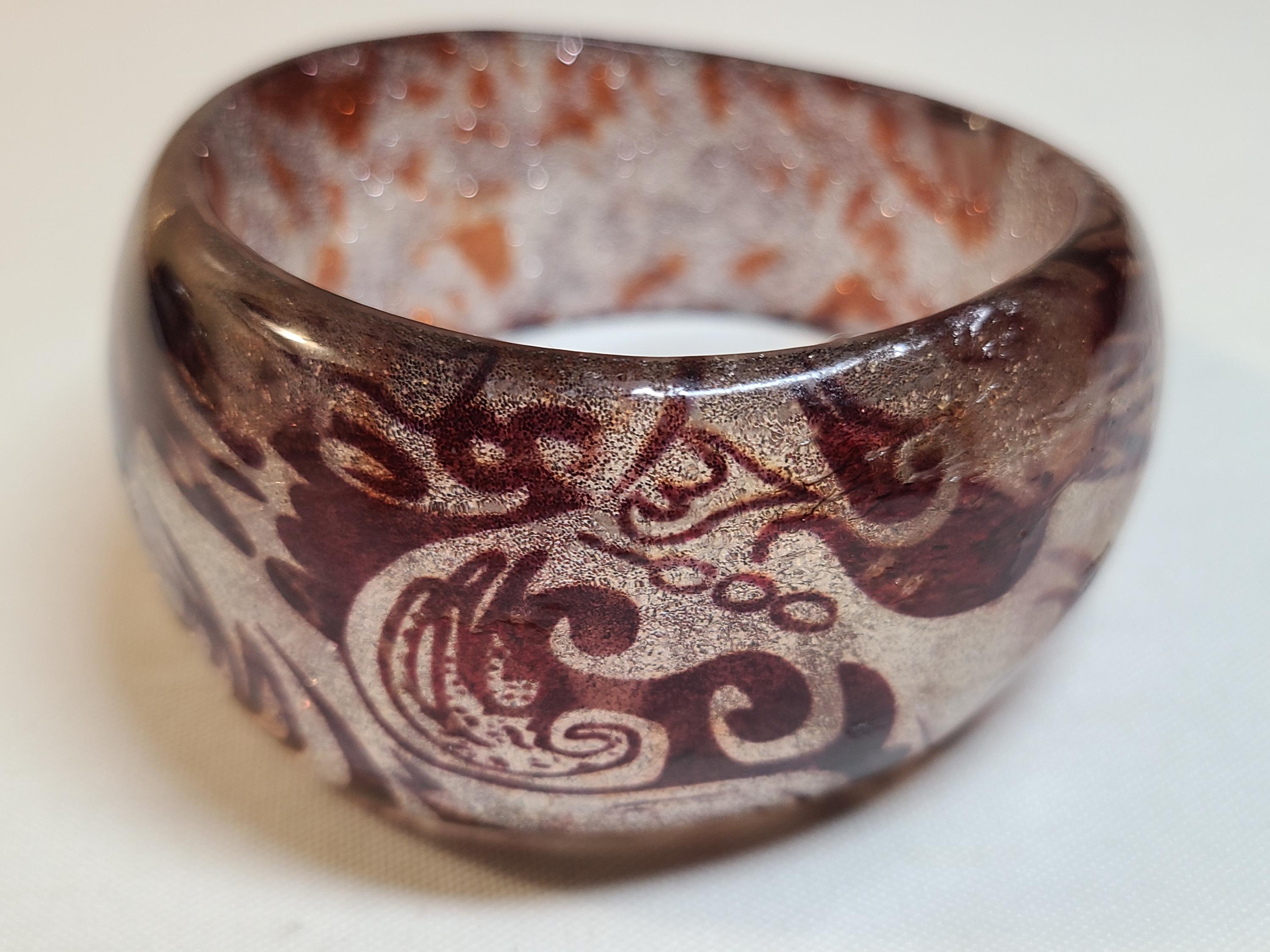 Chunky Lucite Bangle Bracelet with Silver Glitter and Purple Abstract Design