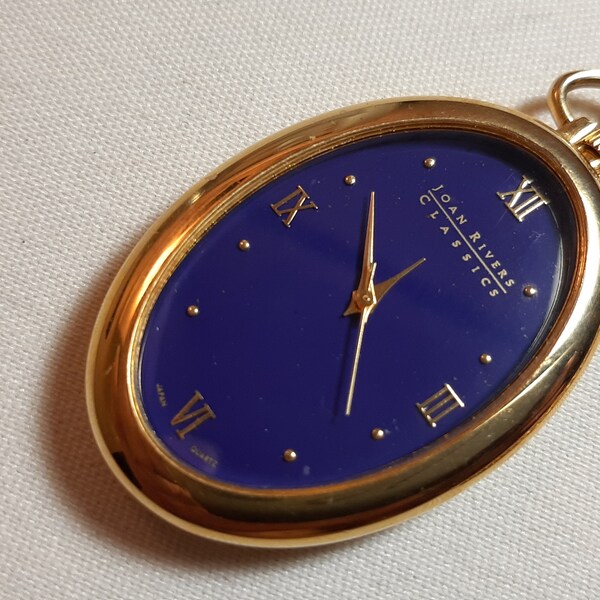 Vintage JOAN RIVERS Pendant Watch Necklace, Blue Dial, Gold Tone