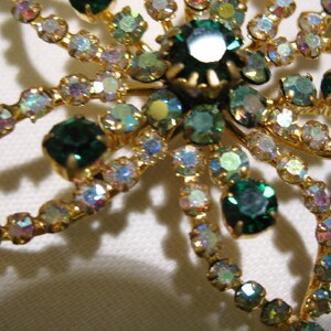 Vintage Leaf Brooch with Green and Aurora Borealis Rhinestones image 4