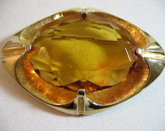 Vintage Gold Tone Brooch with Huge Faceted Glass Stone