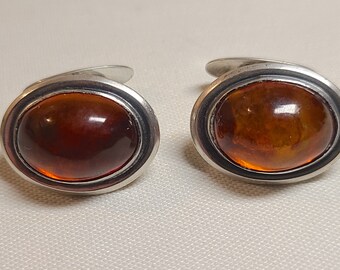 Vintage Swedish Whale Toggle Cuff Links with Amber Cabochon