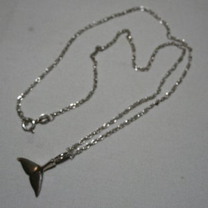 Può includere: Una collana color argento con una catena sottile e un ciondolo a forma di coda di balena. Il ciondolo ha una finitura lucida e la catena è assicurata con una piccola chiusura. La collana è progettata per essere indossata intorno al collo.