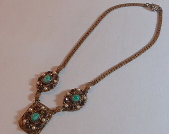 Antique Brass Pendant Necklace with Rhinestones, Faux Pearls and Glass Cabochons