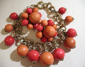 Vintage Demi-Parure with Dyed Wood Beads, Orange Tones
