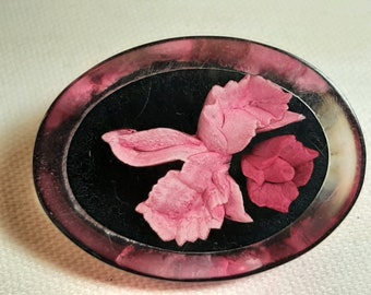 Vintage Reverse-Carved Lucite Brooch with Pink Orchid and Rose