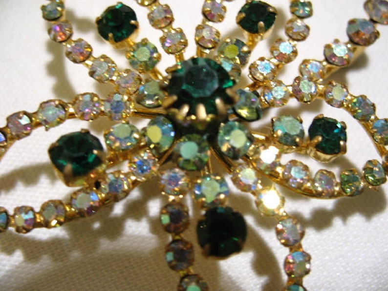 Vintage Leaf Brooch with Green and Aurora Borealis Rhinestones image 2