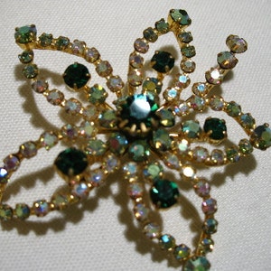 Vintage Leaf Brooch with Green and Aurora Borealis Rhinestones image 1