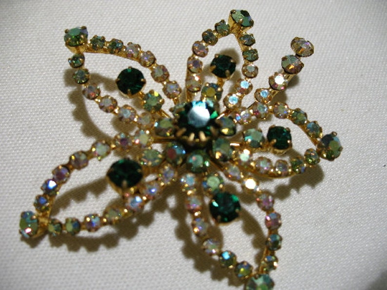 Vintage Leaf Brooch with Green and Aurora Borealis Rhinestones image 1