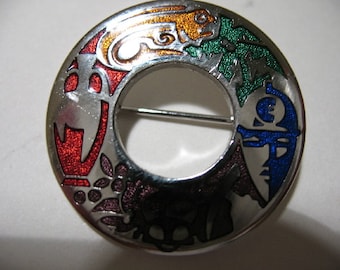 Silver Tone Circle Brooch with Coloured Enamels