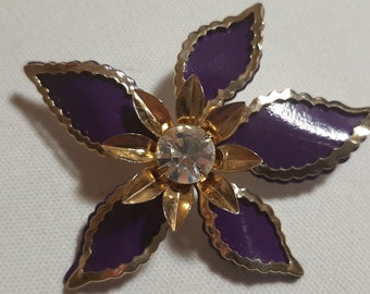 Vintage Purple Enamel Flower Brooch, Gold Tone