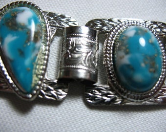 Vintage Bracelet with Blue Glass Cabochons, Silver Tone