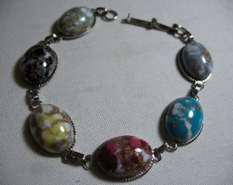 Vintage Link Bracelet with Art Glass Cabochons, Silver Tone