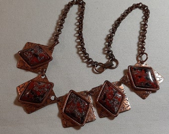 Vintage Copper Necklace with Red, Black and Silver Diamond-Shaped Plaques