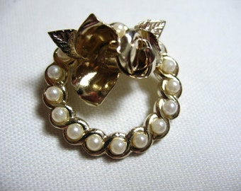 Vintage CORO Circle Wreath Brooch with Flowers and Faux Pearls, Gold Tone