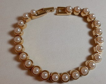 Vintage Signed MOD Bracelet with Faux Pearls, Gold Tone