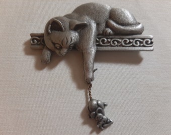 Vintage J.J. Pewter Brooch, Cat with Mouse