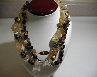 Citrine and Tiger-Eye Gemstone Three-Strand Necklace, Sterling, Signed T.J.T.