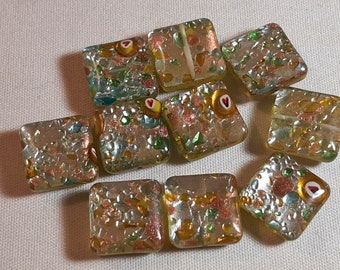 Square Art Glass Tile Beads, 10 Beads