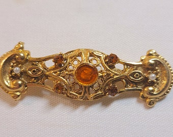 Vintage Victorian Style Bar Brooch with Orange Rhinestones, Gold Tone