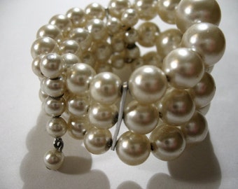 Vintage Three-Strand Wrap-Around Memory Wire Faux Pearl Bracelet