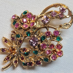 Vintage CORO Floral Brooch with Coloured Rhinestones, Gold Tone