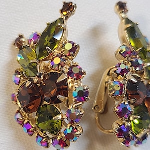 Vintage KEYES Rhinestone Abstract Ear Clips, Brown and Green Tones