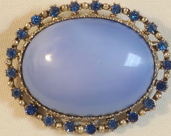 Vintage Brooch with Large Blue Glass Cabochon and Rhinestones