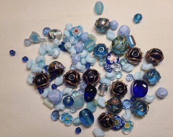 Assorted Blue Glass Bead Lot, Vintage and New, 100 Beads