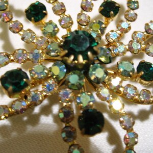 Vintage Leaf Brooch with Green and Aurora Borealis Rhinestones image 3