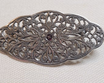 Vintage Sterling Silver Filigree Brooch with Red Rhinestone, Victorian Style