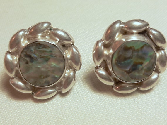 Floral Shape Vintage Mexican Silver and Abalone Screw-Back Earrings