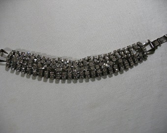 Vintage Rhinestone Wide Tennis Strap Bracelet, Silver Tone