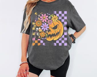 Comfort Colors, Halloween Shirt, Floral Fall Pumpkin Tee, Vintage Retro Spooky Season T-Shirt, Aesthetic Halloween Top, Aesthetic Shirt.