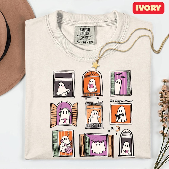Comfort Colors Ghost Shirt, Too Cozy to Haunt Halloween T-Shirt, Spooky Season Graphic Tee, Retro Fall Ghost Top, Halloween Outfit