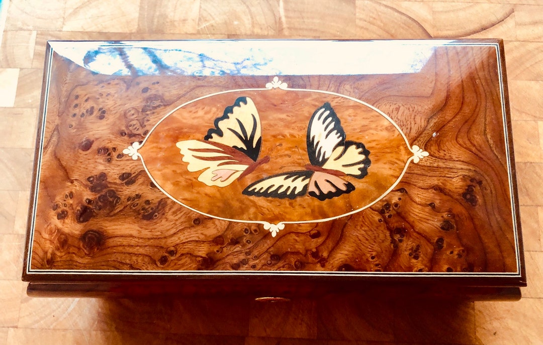 Rare Wood Italian Inlay Butterfly Music Box Etsy