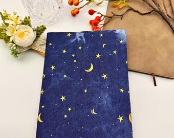 Starry Night Moon With Gold Foil Stars Embroidery Book Cover|Fabric Dust Jacket|Bible Cover|Book Pouch|Book Protector|Book Sleeve|Bookmark