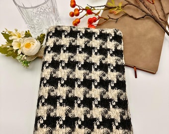 Houndstooth Black and White Embroidery Book Cover|Fabric Dust Jacket|Compact Bible Cover|Book Pouch|Paper Protector Book Sleeve|Bookmark