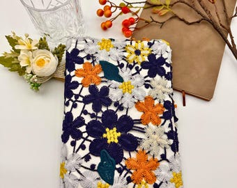 Blue Orange White Hollow Daisy Lace Embroidery Book Cover|Lace Dust Jacket|Bible Cover|Book Pouch|Paper Protector Book Sleeve|Bookmark