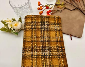 Tweed Plaid Embroidery Book Cover|Wool Tweed Check Dust Jacket|Compact Bible Cover|Book Pouch|Paper Protector Book Sleeve|Bookmark